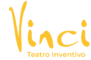 Logo da Vinci Teatro Inventivo, composta por um quadrado marrom minério à esquerda, com uma lâmpada estilizada feita a partir das letras V, C, N e I na fonte do logotipo, em amarelo ouro. À direita escrito Vinci em amarelo ouro, na linha abaixo Teatro Inventivo, também em amarelo ouro, sobre fundo branco.